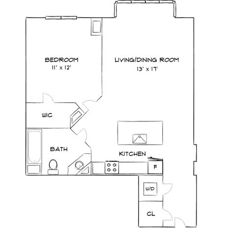 Chic floor plan showcasing a spacious 1 bedroom, open-concept living/dining room, and modern kitchen, with convenient bath and walk-in closet.