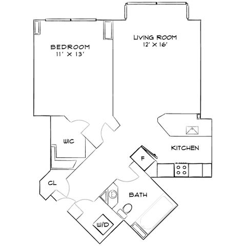 Modern 2D floor plan with one spacious bedroom, open living room, contemporary kitchen, and a bathroom featuring washer/dryer. Ideal for efficient living.