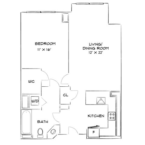 Chic floor plan with one bedroom, spacious living/dining area, modern kitchen, and convenient bath. Ideal for stylish urban living.