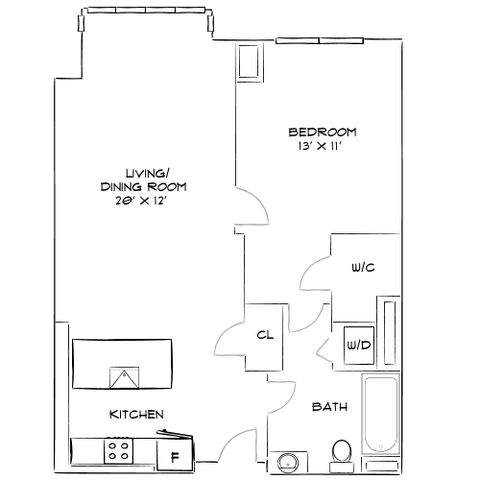 Modern 1-bedroom floor plan with open-concept living/dining area, sleek kitchen, and convenient bath layout.