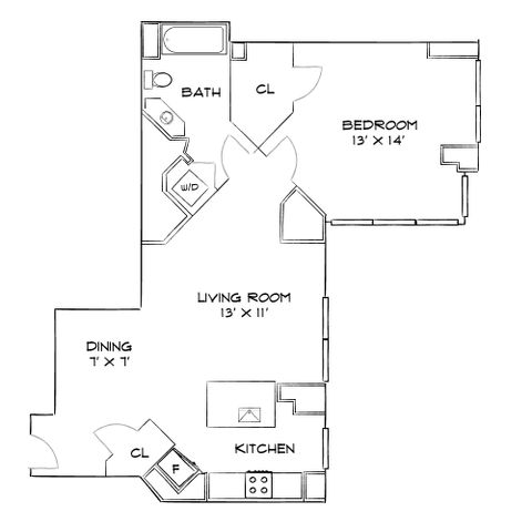 Modern 1-bedroom apartment floor plan with open living room, dining area, and spacious kitchen.