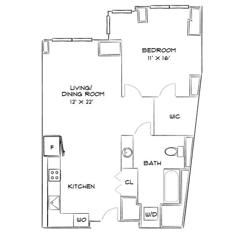 Inviting floor plan featuring a spacious living/dining room, modern kitchen, and a cozy bedroom with walk-in closet.