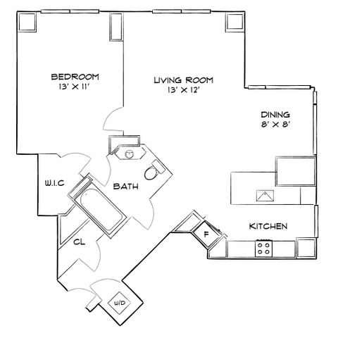 Modern floor plan showcasing a spacious 1-bedroom apartment with a cozy living room, efficient kitchen, dining area, and a bath, ideal for comfortable urban living.