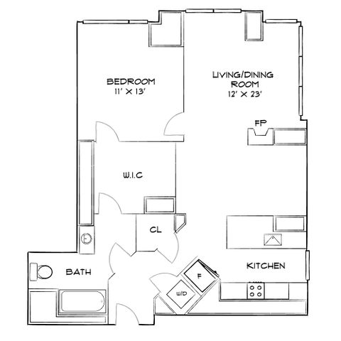 Modern floor plan showcasing 1 bedroom, expansive living/dining area, functional kitchen, and luxury bath, ideal for urban living.