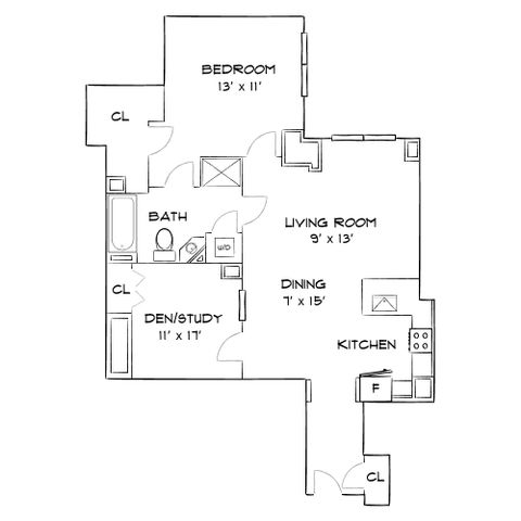 Inviting floor plan showcasing 1 bedroom, a versatile den/study, modern kitchen adjacent to dining area, and a cozy living room.