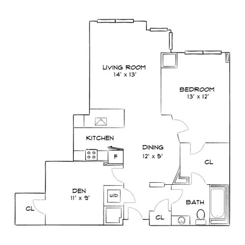 Modern floor plan showcasing a spacious living room, cozy bedroom, versatile den, efficient kitchen, compact dining area, and a well-appointed bathroom.