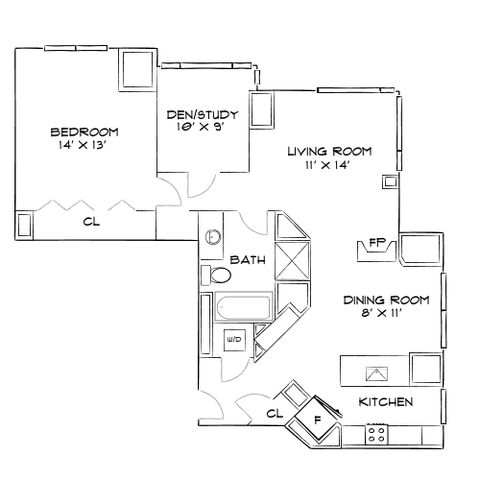 Inviting floor plan featuring a spacious bedroom, cozy den/study, and an open-concept living and dining area with a functional kitchen layout.