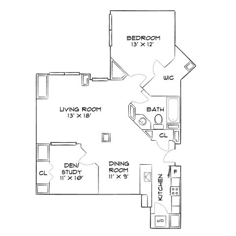 Charming floor plan with a spacious bedroom, a cozy den or study, and an inviting living room. Features include a modern kitchen, a dining room, and a walk-in closet for convenience.