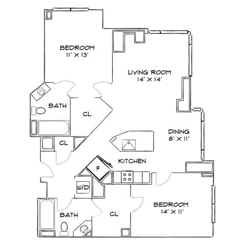 Elegant 2D floor plan showcasing 2 bedrooms, a spacious living room, modern kitchen, and two bathrooms.