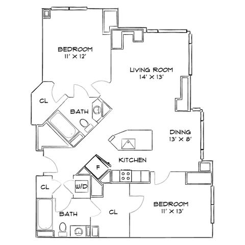 Modern floor plan with 2 bedrooms, open living and dining area, and efficient kitchen layout.