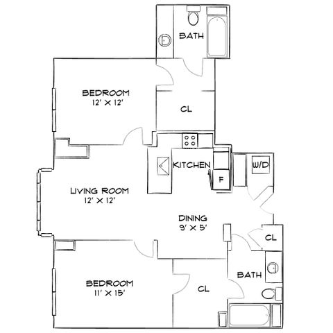 Modern floor plan showcasing 2 bedrooms, a spacious living room, kitchen with full appliances, and 2 bathrooms, perfect for comfortable living.