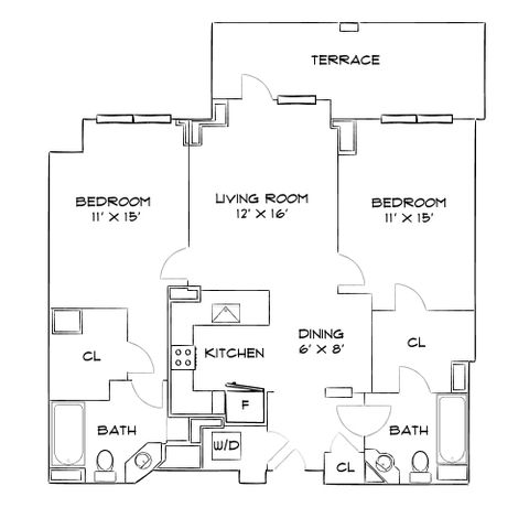 Elegant floor plan with two spacious bedrooms, a central living room, modern kitchen, dining space, and a large terrace.