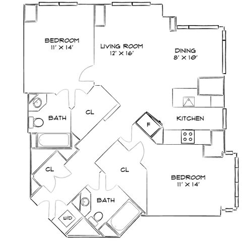 Modern floor plan showcasing 2 spacious bedrooms, a sleek kitchen, cozy living room, and dining area, perfect for stylish living.