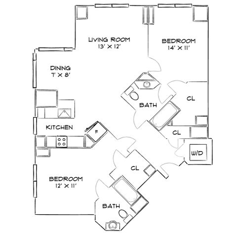 Elegant floor plan showcasing 2 bedrooms, 2 bathrooms, a contemporary kitchen with dining area, spacious living room, and convenient washer/dryer setup.