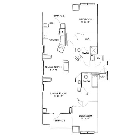 Modern floor plan featuring 2 spacious bedrooms, open living and dining area, well-appointed kitchen, 2 bathrooms, and two lovely terraces.