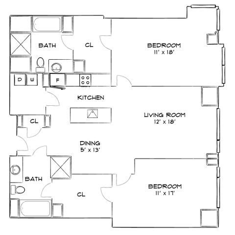 Contemporary floor plan showcasing 2 spacious bedrooms, a modern kitchen, and a cozy living room.