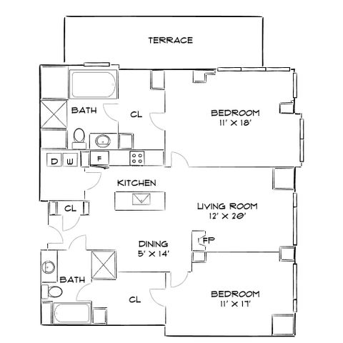 Modern floor plan showcasing 2 spacious bedrooms, open kitchen, inviting living room with fireplace, and a large terrace.