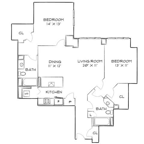 Elegant floor plan showcasing 2 spacious bedrooms, inviting living and dining areas, modern kitchen, and 2 bathrooms.