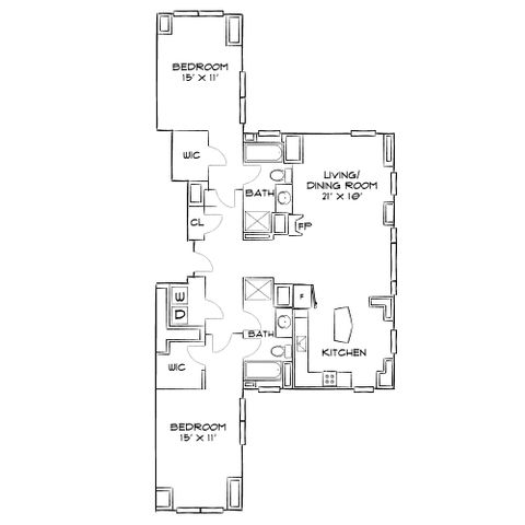 Elegant floor plan showcasing 2 spacious bedrooms, a combined living and dining area, and a modern kitchen with ample storage.