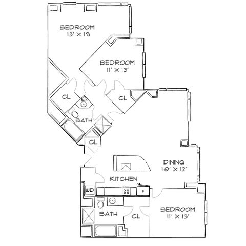 Contemporary floor plan showcasing 3 bedrooms, modern kitchen, dining area, and 2 elegant bathrooms.