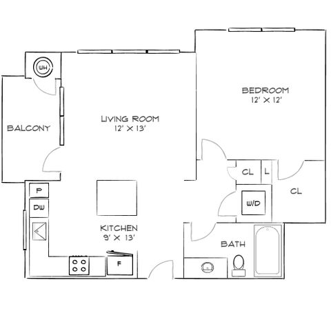 Charming 1-bedroom floor plan featuring an open-concept living room, cozy kitchen, spacious balcony, and convenient bath and laundry area.