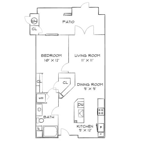 Modern floor plan showcasing a cozy 1-bedroom layout with a spacious living room, functional kitchen, dining area, and private patio.