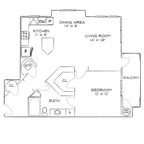 Inviting floor plan highlighting 1 bedroom, modern kitchen, open dining and living area, and a charming balcony.
