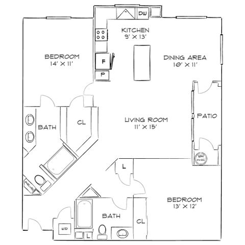 Modern floor plan showcasing 2 spacious bedrooms, open living and dining area, sleek kitchen, and cozy patio.