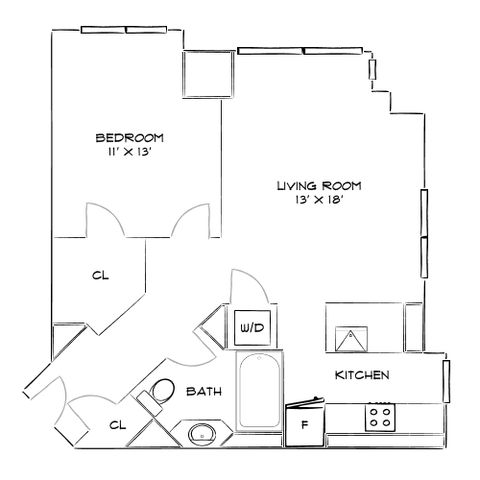 Chic apartment floor plan with 1 bedroom, expansive living room, stylish kitchen, and cozy bath.