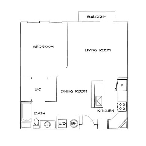 Charming floor plan featuring 1 bedroom, a spacious living room with balcony, modern kitchen, and a cozy dining area.