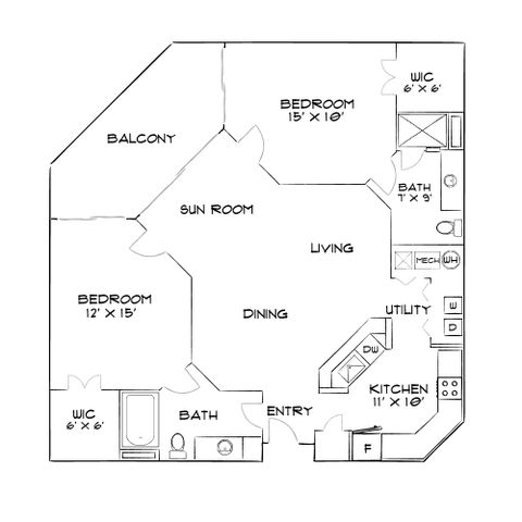 Elegant floor plan showcasing 2 bedrooms, a spacious sunroom, open-concept living and dining area, and a modern kitchen with utility space. Includes 2 baths, walk-in closets, and inviting balcony.