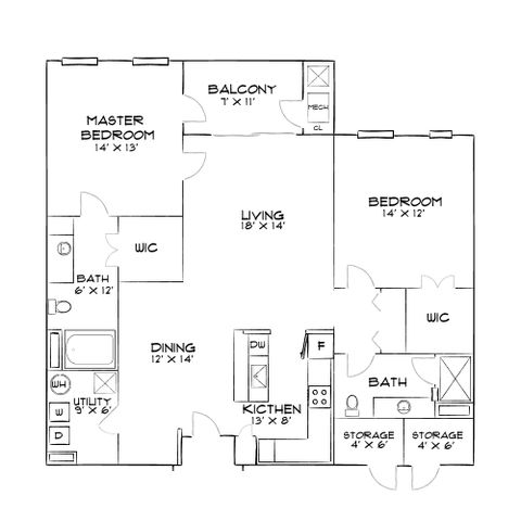 Elegant floor plan showcasing a spacious 2-bedroom apartment with an open living area, modern kitchen, and private balcony.
