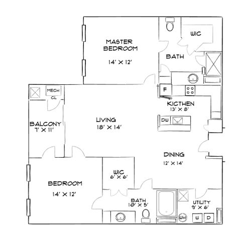 Modern floor plan featuring a spacious master bedroom with en-suite bath and walk-in closet, a second bedroom, open living and dining areas, a well-equipped kitchen, two bathrooms, and a balcony for outdoor relaxation.