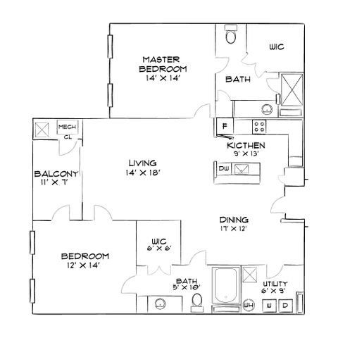 Modern floor plan showcasing a spacious layout with a master bedroom, two bathrooms, stylish kitchen, dining area, and a cozy living room with a balcony.