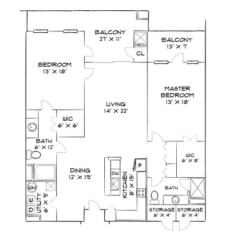 Sophisticated 2D floor plan highlighting 2 bedrooms, expansive living area, dual balconies, and a modern kitchen with dining space.
