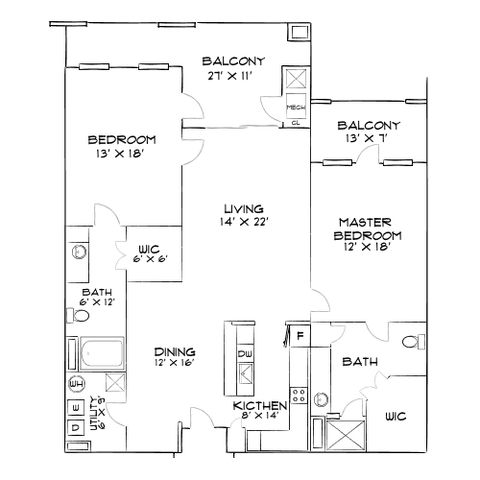 Elegant floor plan showcasing 2 spacious bedrooms, 2 bathrooms, a modern kitchen, and expansive living area with dual balconies.