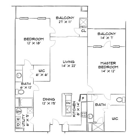 Elegant apartment floor plan featuring 2 bedrooms, 2 bathrooms, spacious living and dining areas, and double balconies for outdoor relaxation.