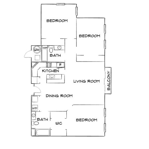 Modern floor plan showcasing 3 bedrooms, open kitchen, spacious living room, dining area, and balcony.