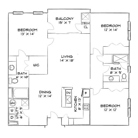 Contemporary floor plan showcasing 3 spacious bedrooms, a cozy balcony, open living and dining areas, and a well-equipped kitchen.