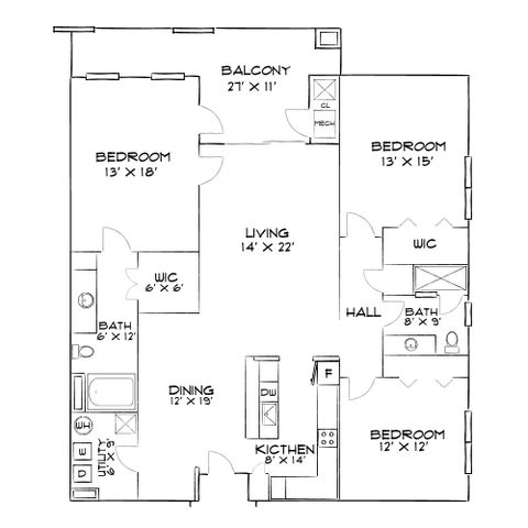 Spacious floor plan featuring 3 bedrooms, large living area, dining room, and modern kitchen with balcony access.