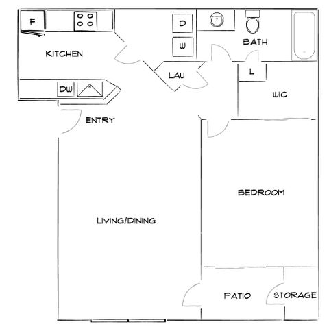 Modern floor plan showcasing a 1-bedroom apartment with open-concept living/dining area, efficient kitchen, and a cozy patio.