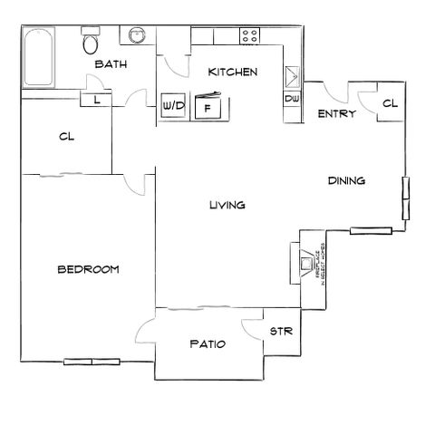 Modern single bedroom apartment floor plan with a spacious living area, kitchen, and private patio.