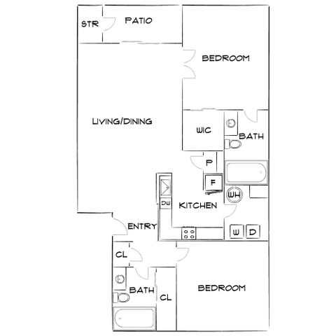 Inviting floor plan showcasing 2 bedrooms, spacious living/dining area, modern kitchen, and scenic patio.