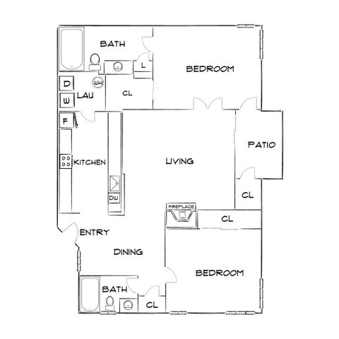 Inviting 2D floor plan showcasing 2 bedrooms, spacious living room with fireplace, modern kitchen, and private patio access.