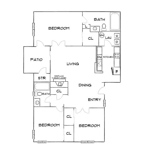 Charming floor plan showcasing 3 bedrooms, a cozy living space with fireplace, modern kitchen, and two bathrooms including one en-suite, plus a private patio.