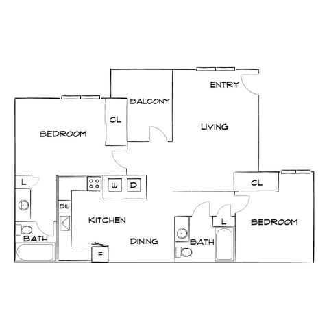 Spacious floor plan with 2 bedrooms, modern kitchen, inviting living area, and dual bathrooms, featuring a charming balcony.