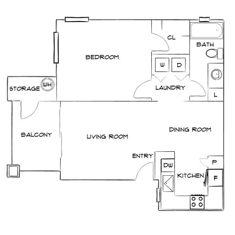 Modern 1-bedroom apartment floor plan featuring an open living and dining area, a balcony, efficient kitchen, and convenient laundry space.