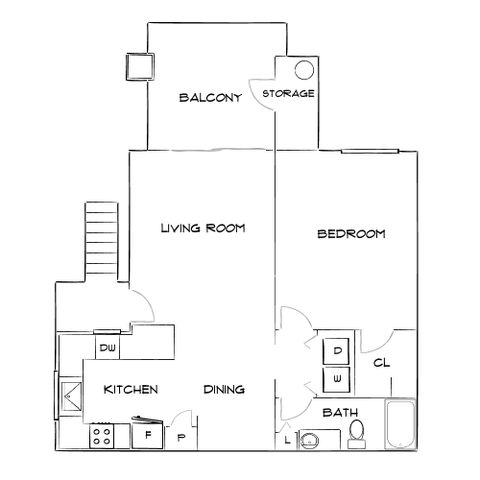 Chic floor plan showcasing a spacious bedroom, modern kitchen, dining area, and inviting living room with balcony access. Includes convenient storage and in-unit laundry.