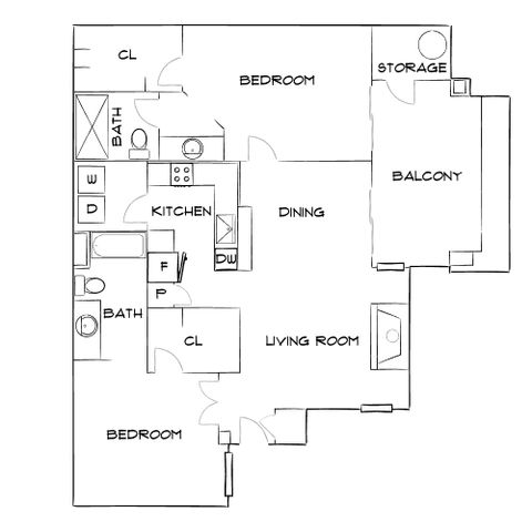 Chic apartment floor plan showcasing 2 bedrooms, modern kitchen, expansive living and dining areas, two bathrooms, and a spacious balcony with storage.