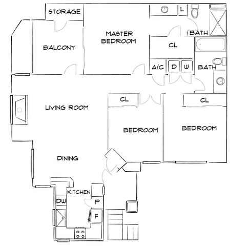 Spacious floor plan featuring a master bedroom with access to a private balcony, two additional bedrooms, and an open living and dining area with a modern kitchen.